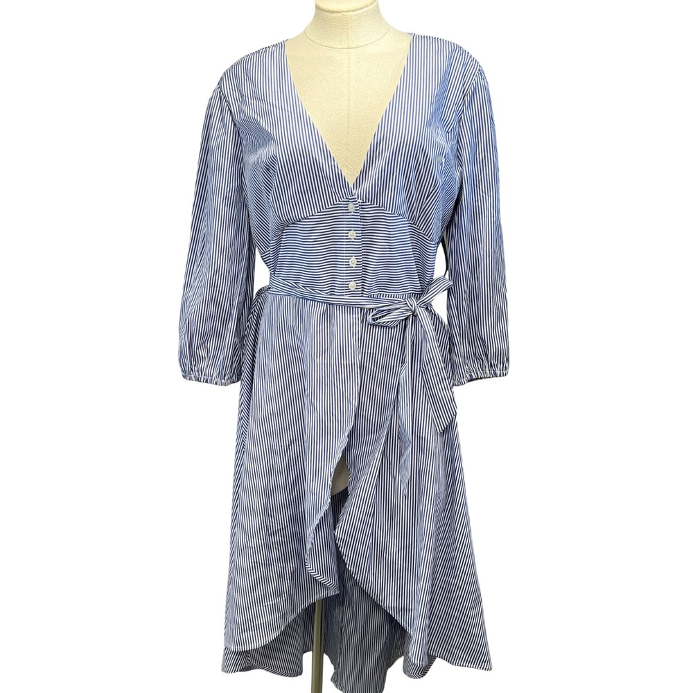 Venus‎ Striped Dress Size Sleeve Blue White Hi Low Button Front Tie Waist NEW
